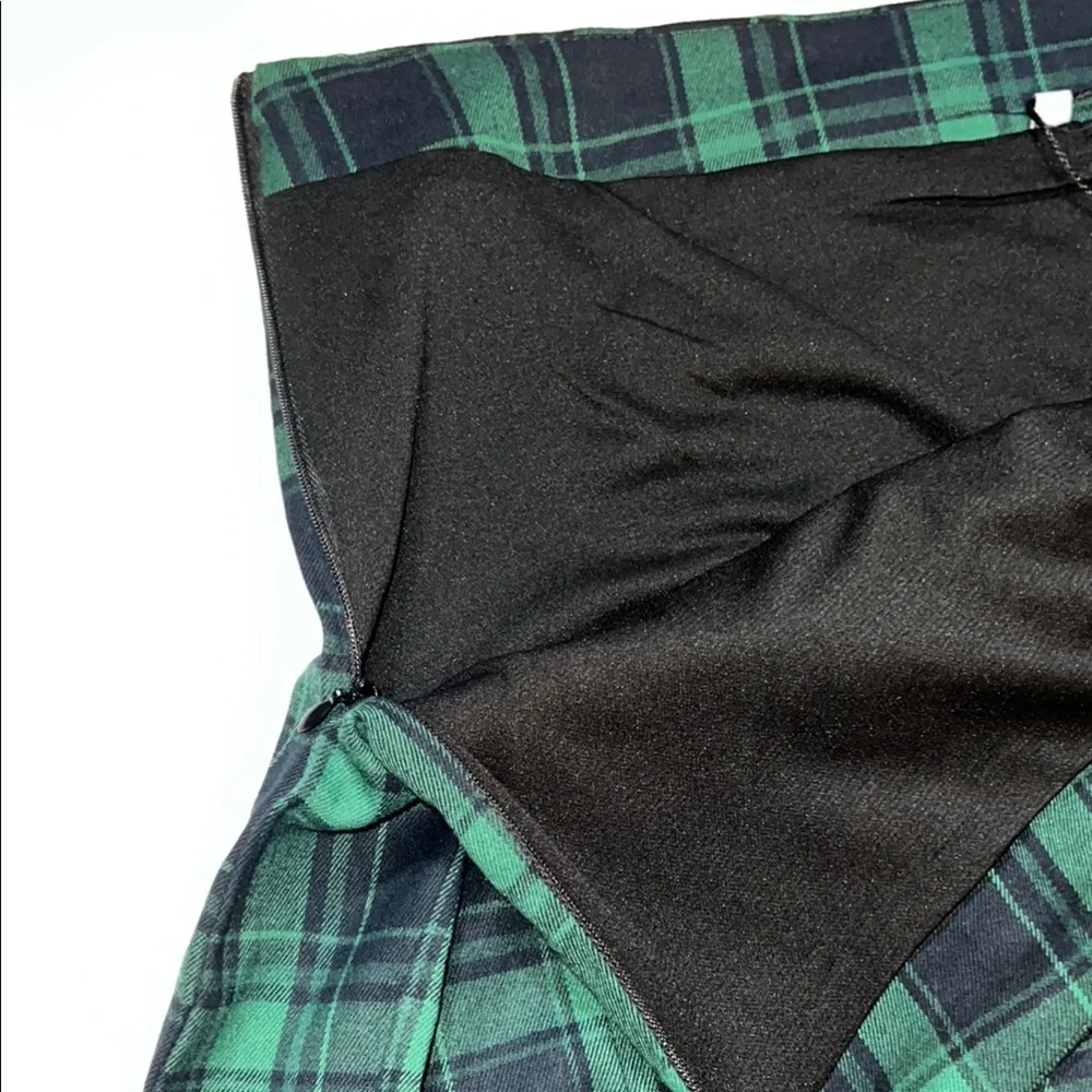 ZHANCHTONG Green & Black Plaid Pleated Mini A-Line Skirt XL High Waist Skater